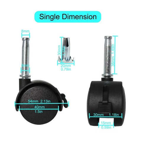 4 Pack M8 Grip Neck Stem Caster Wheels 1.5 Inch Swivel Castors With Locking Brakes Friction Stem Mounts for furniture dimensions