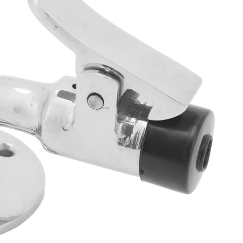 Close-up of marine-grade 316 stainless steel door stopper catch with black bumper.