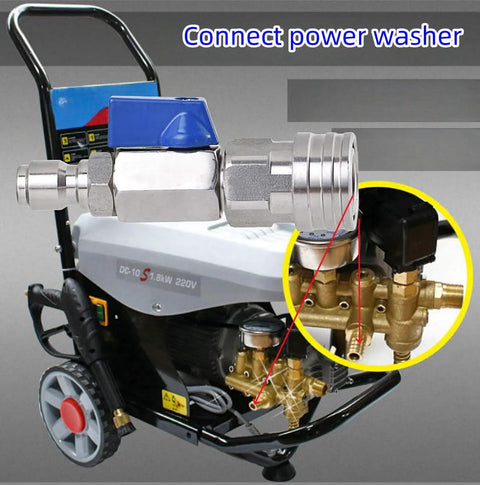 High-pressure washer ball valve kit with stainless steel valve and 3/8 in quick-connect fittings on brass manifold.
