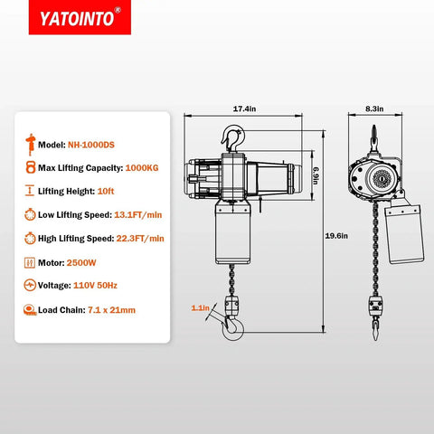 Diagram of Electric Chain Hoist 2200lb With 2 Speed 120V Brushless Motor And 10ft G80 Chain, showing dimensions and specifications.