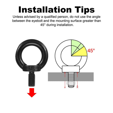 Diagram showing installation tips for Heavy Duty Lifting Eyebolt Set M6 x 12mm 304 Stainless Steel Shoulder Ring Eyebolt with black finish.