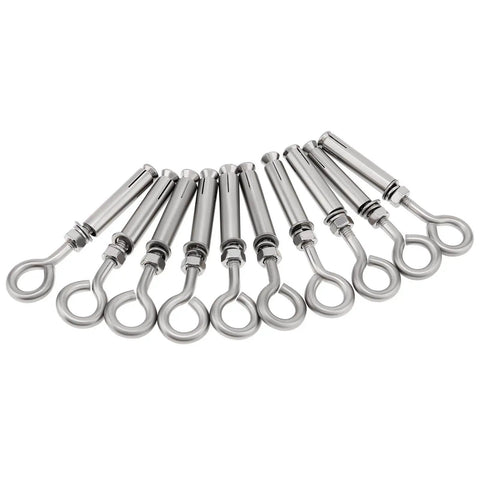 10 Pack M6 89mm Concrete Eye Bolts Stainless Steel Wall Eyebolts in a row, showcasing their heavy-duty design and stainless material.