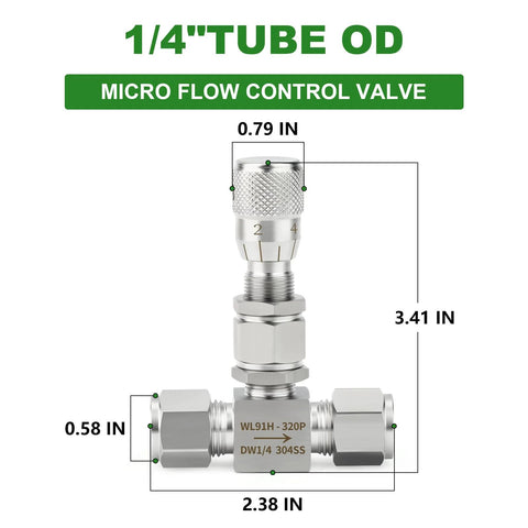 Stainless steel needle valve with knurled adjustment dial for micro flow control, 1/4 in tube OD, compression fittings