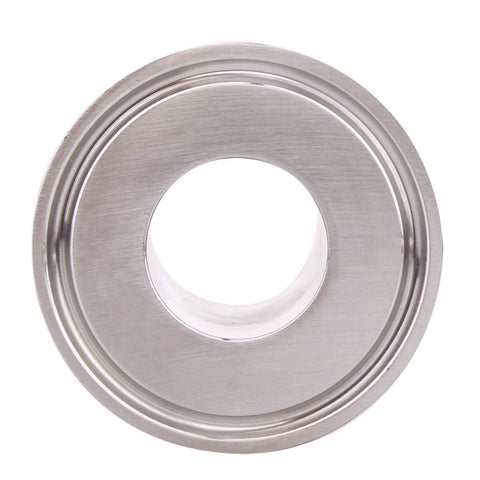 Front view of stainless steel Tri-Clamp sanitary flange, 304, 1.5 in clamp, 1 in tube OD.