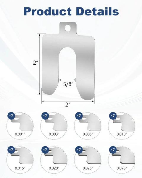 56 Piece 304 Stainless Steel Shim Kit With 2 By 2 Inch Slotted Shims In Eight Thicknesses From 0.001 To 0.075 Inches For Leveling CNC Automotive And Marine Applications Laser Cut Precision Shims With Safety Hole visible with dimensions and thickness options