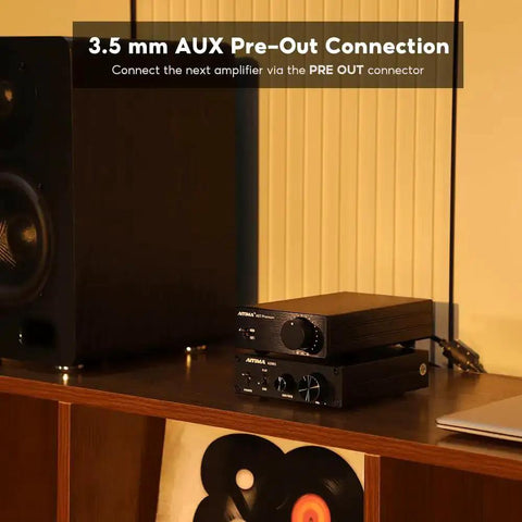 TPA3255 Class D Stereo Amplifier 300W Per Channel X2 with NE5532 Pre-Out shown on shelf with speakers