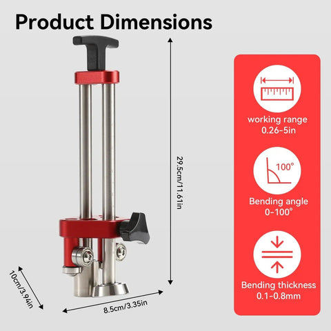 Sheet Metal Roller 1 Station Metal Bender For Roofing And Fabrication, 0-100 Degree Bend Range, Lightweight Portable 5in Tool with dimensions.