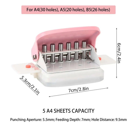 Six Hole Punch For Loose Leaf Paper A4 A5 B5 Portable Handheld Metal Circle Puncher 5 Sheet Capacity Pink Front View