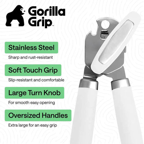 Heavy Duty Stainless Steel Can Opener With Smooth Edge And Bottle Openers Soft Comfortable Handle Oversized Turn Knob No Fuss One Handed Opening US Designed Multifunction Kitchen Tool In White Gorilla Grip
