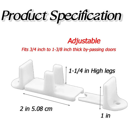 5 Pack Adjustable Bypass Sliding Door Guides For Closet Doors White Fits Three Quarter To One And Three Eighths Inch Thick Bypassing Doors Mount Design Includes Two And One Eighth Inch Base And One And Quarter Inch High Spacer Pins Plus Fifteen Screws