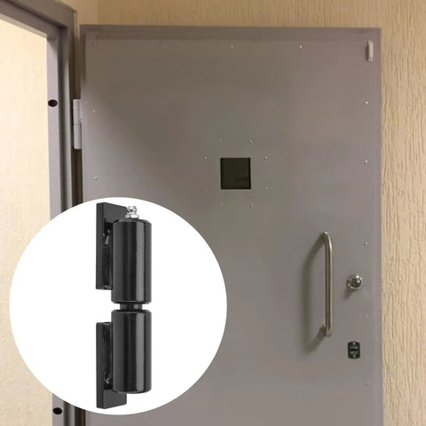 Heavy Duty 5 Inch Barrel Gate Hinge Set For Swing Gates And Trailer Ramp Gates Weld On Iron Hinges Black 450 Lb Capacity Ball Bearing Barrel Style Door Hinge For Outdoor Fences And Ranch Gates shown installed on a door