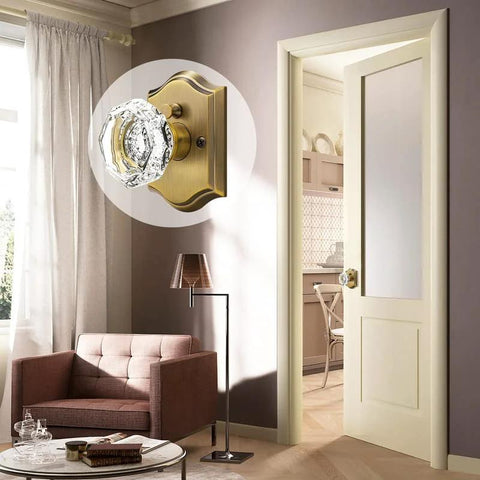 Installed Octagonal Crystal Door Knobs Set Five Pack With Privacy Lock For Bedroom And Bathroom, Antique Bronze Rosette Finish
