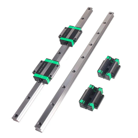 2 Pack HGR20 1500mm Linear Guide Rails and 4 HGW20CC Flange Type Bearing Carriage Blocks for DIY CNC Routers Lathes and Mills Beefy Heavy Duty Smooth Pro Grade Linear Slide Kit on a white background, showing two rails with four carriage blocks attached.