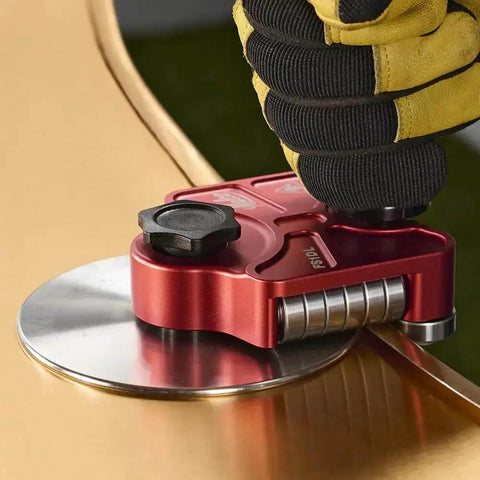 One Station Disc Bender For Sheet Metal With Large Disc Delivers Five Sixteenths To One And Three Quarters Inch Bends in use