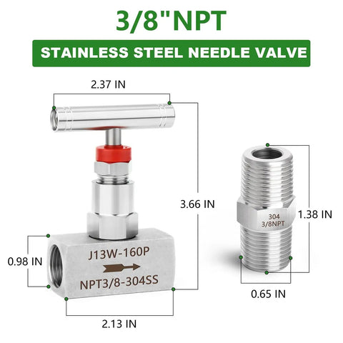Two Pack High Pressure Stainless Steel Straight Needle Valve 304 For Water Gas Oil Flow Control With Three Eighths Inch Female NPT And Nipple