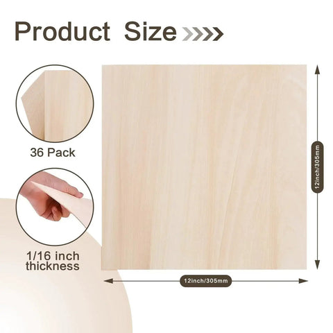 Basswood Sheets 12 by 12 by One Sixteenth Inch Pack of 36 Unfinished Wood Blanks diagram showcasing smooth edges and dimensions