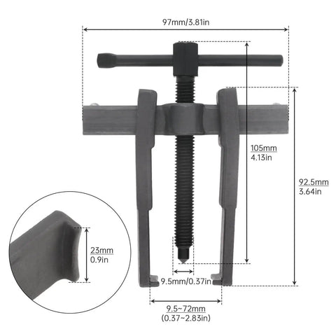 Front view of Two Jaw Gear Puller With Adjustable Arms For Internal And External Bearing Removal Heavy Duty 3 Inch Pulley Flywheel Gear Extraction Tool Built From High Carbon Steel For Strength Longevity And Corrosion Resistance with dimensions labeled.