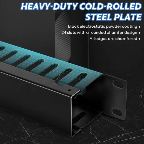 Close-up of heavy-duty cold-rolled steel plate in 2 Pack 19 Inch 1U Server Rack Cable Management Kit with 24 Slot Horizontal Cable Raceway