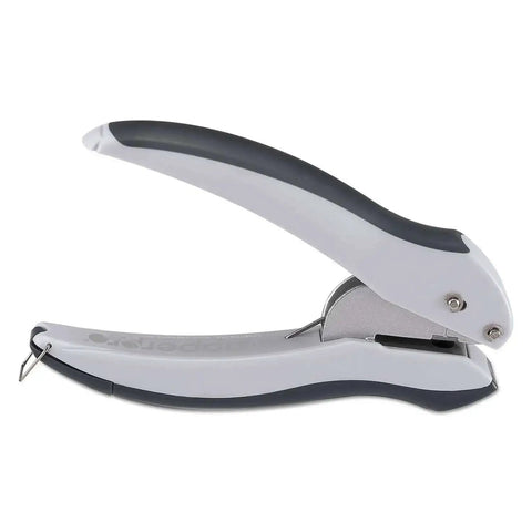Side view of InLight One Hole Punch with 10 Sheet Capacity, Lightweight Ergonomic Easy Squeeze Handles, Jam Free, Gray Office Tool.