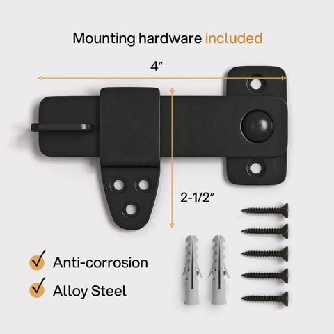 Vintage Style Black Wrought Iron Flip Latch Hardware Kit For Double Doors, Barn Doors, shown with screws, 4-inch length, alloy steel