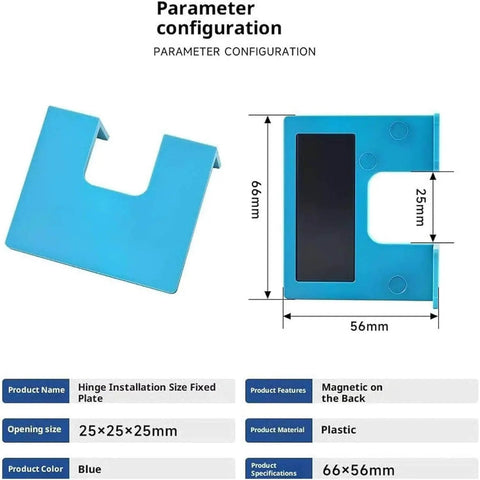 Magnetic Cabinet Door Hinge Jig Kit With Adjustable Scale And Spacer For Quick No Drill Installation Easy Install Precise Door Jamb Alignment Durable 4 Piece Set For All Cabinet Doors, blue hinge with magnetic features and dimensions