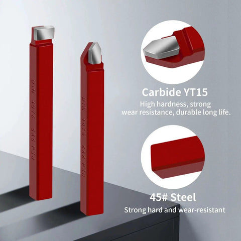 Close-up of Eleven Piece Five Sixteenth Inch Carbide Tip Lathe Cutter Tool Set For Metal Turning Boring And Chamfering With DIN Spec Lathe Tools