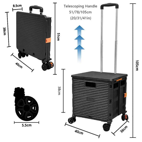 Foldable Utility Cart With 4 Rotating Wheels And Braking Rear Wheels, Telescoping Heavy Duty Plastic Handle dimensions and features
