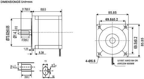 Technical diagram of Beefed Up Nema 34 Stepper Motor Five Point Five Amps Four Point Five Newton Meters 637 Oz In 80mm Length dimensions