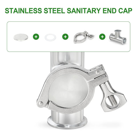 Stainless steel 3-inch sanitary end cap with tri-clamp ferrule on vertical pipe, clamp attached