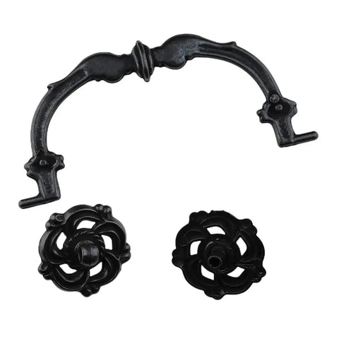 Four Pack Vintage Antique Black Droop Bail Drawer Pulls Six Inch Total Length With Four And A Quarter Inch Center Hole Spacing 108mm Rosette Diameter Forty Millimeters Zinc Alloy Rust Resistant Cabinet Knobs Handles