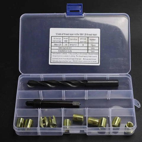 12 Piece M8 X 1.25 Thread Repair Kit With Self Tapping Inserts for Automobiles Rail Cars, open case showing contents