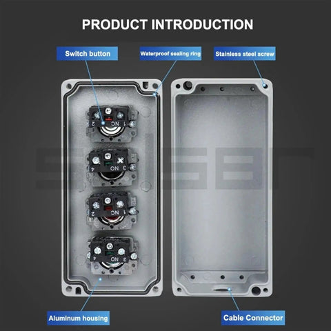 Heavy Duty Metal Push Button Control Box Explosion Proof Junction Waterproof Enclosure interior view with components labeled