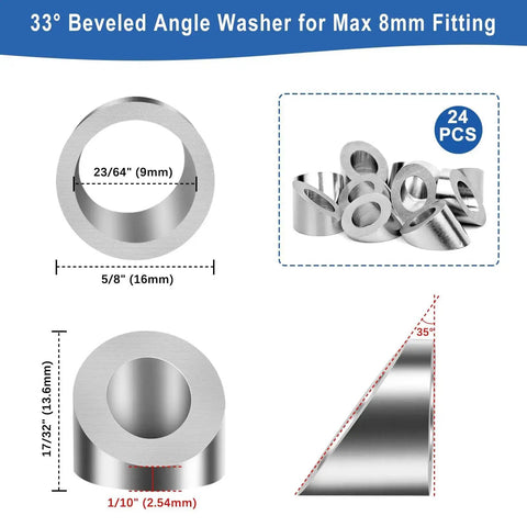 24 Pack Beveled Angle Washers For 33 Degree Stair Cable Railing, marine grade stainless steel 316, with measurements and diagram