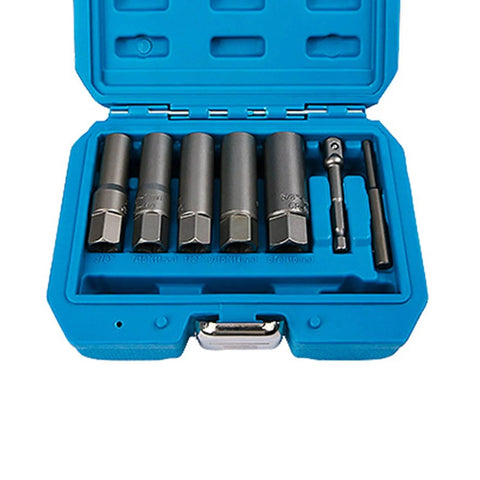 Open storage box showing 11 Piece Chrome Molybdenum Steel Extractor Set For Damaged Fasteners, 3/8 Inch Drive Rusted Nuts And Screws Removal Kit