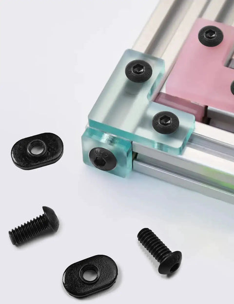 Close-up of Twenty Pack Black T Slot Nuts For One Quarter Inch By Twenty Threads, installed on aluminum extrusion frame