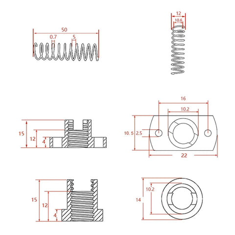 2pcs T8 anti-backlash spring-loaded nuts for 8mm Acme lead screw; Z-axis upgrade for Ender 3/CR-10 printers (schematic).