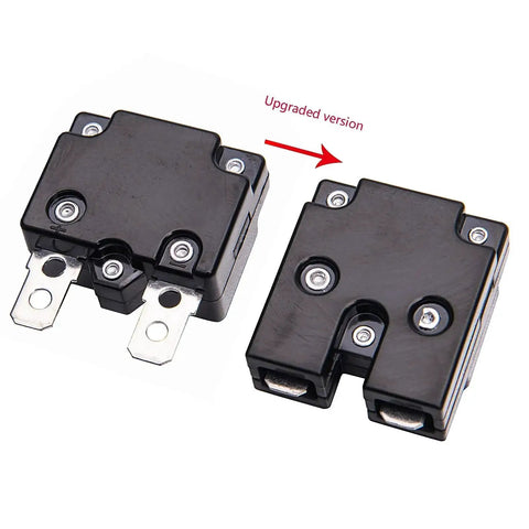 Auto Reset Circuit Breaker For Kid Friendly Ride On Toys 15A 125 To 250Vac 50Vdc Two Pack shown in black with upgrade label.