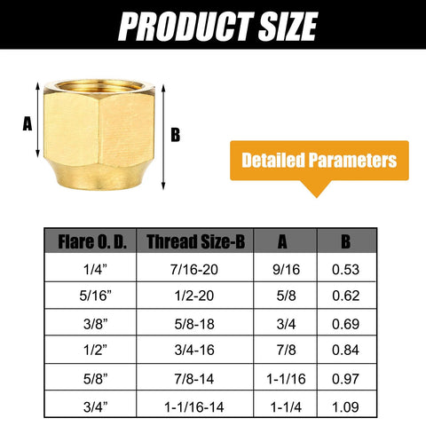 Brass pipe cap compression fittings set, six pieces, for 1/4–3/4 in OD tubing, SAE 45° flare gas line fittings