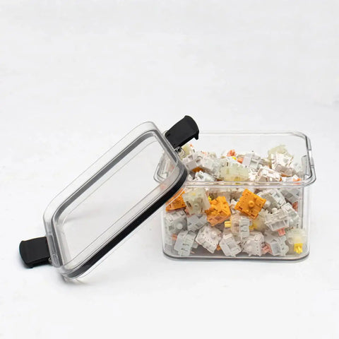 Durable Sealed Switch Storage Box For Mechanical Keyboard Switches Transparent 460ml Clear Plastic Case, open with switches inside