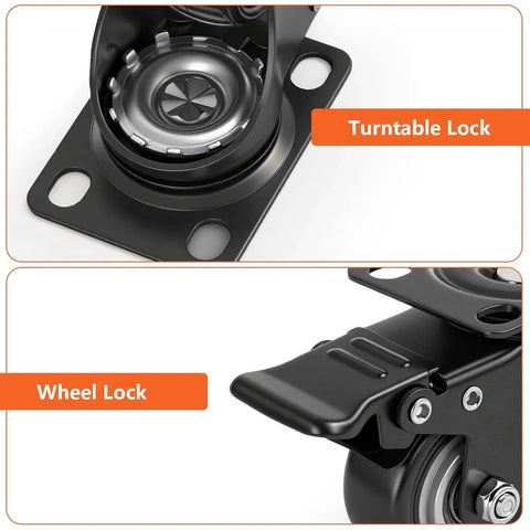 Close-up of turntable lock and wheel lock mechanisms on 2 Inch Heavy Duty PU Caster Wheels Set of 4 With 2 Swivel Casters With Brakes.