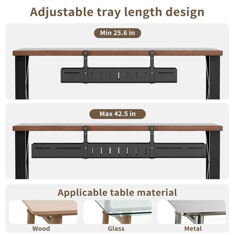 Expandable Under Desk Cable Management Tray Clamp-On For Home Office And Standing Desk, Heavy Duty Carbon Steel Hidden Cord Organizer, No Drill Installation, shown on wood, glass, metal tables