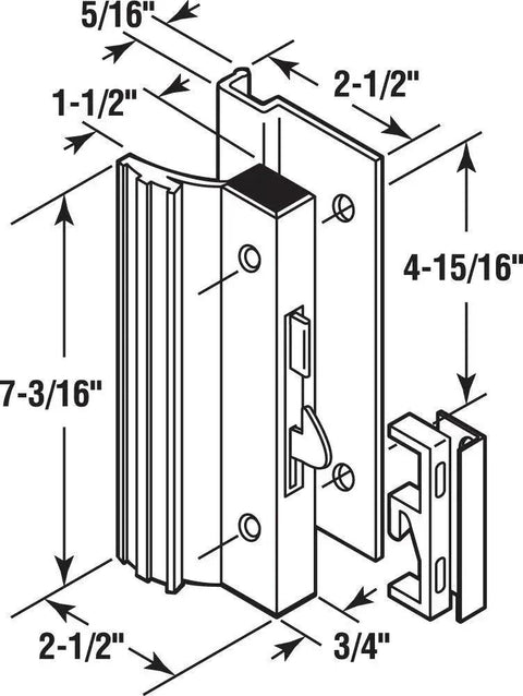Diagram of C 1001 Sliding Glass Door Handle Set Replacement For Surface Mount Hook Style Hardware with dimensions labeled