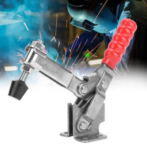 Heavy Duty Toggle Clamp 304 Stainless Steel Hand Tool Welding Fixture With 60 Degree Handle 227 Kg Clamp Force 3.0 Millimeter Plate Durable Weld Fixture For Fabrication And Welding Projects shown with welder in background.