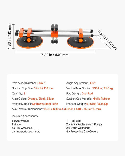 Seamless Seam Setter Kit 2 Pack With 6 Inch Vacuum Cups for Stone Countertops, orange and black, stainless steel tube, 530 lb suction.