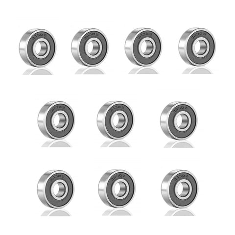 10 Pack 608 2RS Ball Bearings Double Rubber Sealed for Skateboards, inline skates, and scooters, arranged in a grid layout.