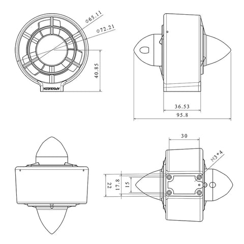 Beefed Up 12 To 16V Underwater Thruster U2 Set With Brushless Motor For Fishing Boats And ROVs, technical blueprint view