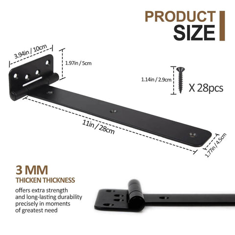 4 Pack Heavy Duty Gate Hinges T Strap Door Hinges with 3 mm thickness, black rustproof finish, including screws for sheds and fences.