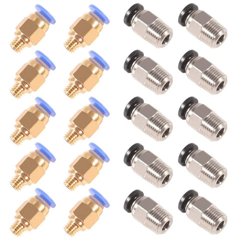 PC4-M6 push-to-connect pneumatic fittings and PC4-M10 straight quick fittings, 20-piece brass and silver with blue caps