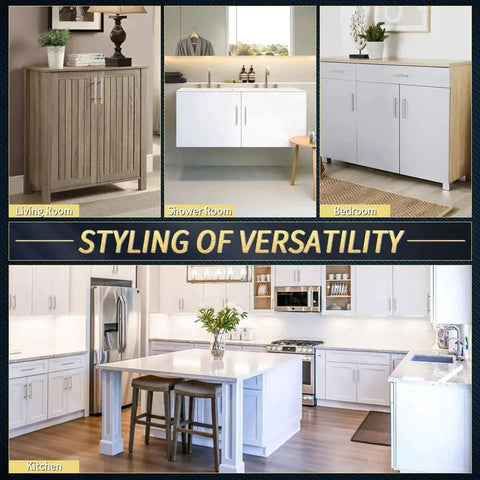 Image of various room setups showcasing versatile cabinetry designs for living room, shower room, bedroom, and kitchen.