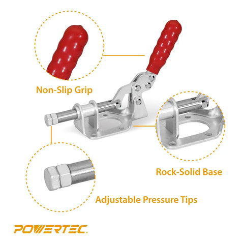 Two Pack Toggle Clamp Set With 300 Lb Holding Power, Quick Release Push Pull Clamp featuring non-slip grip and adjustable base.
